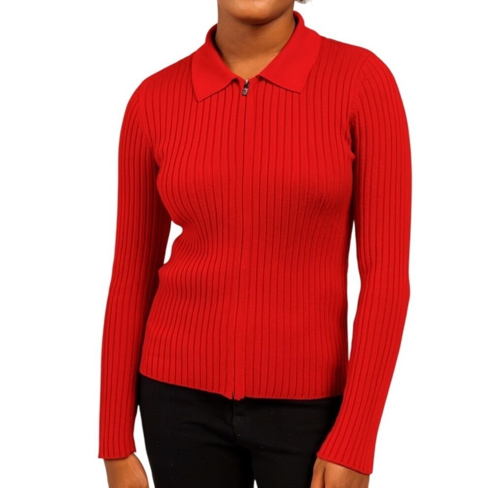 Forever 21 Juniors 13/14 Red Ribbed Knit Zip Up Polo Collar Cardigan Sweater New